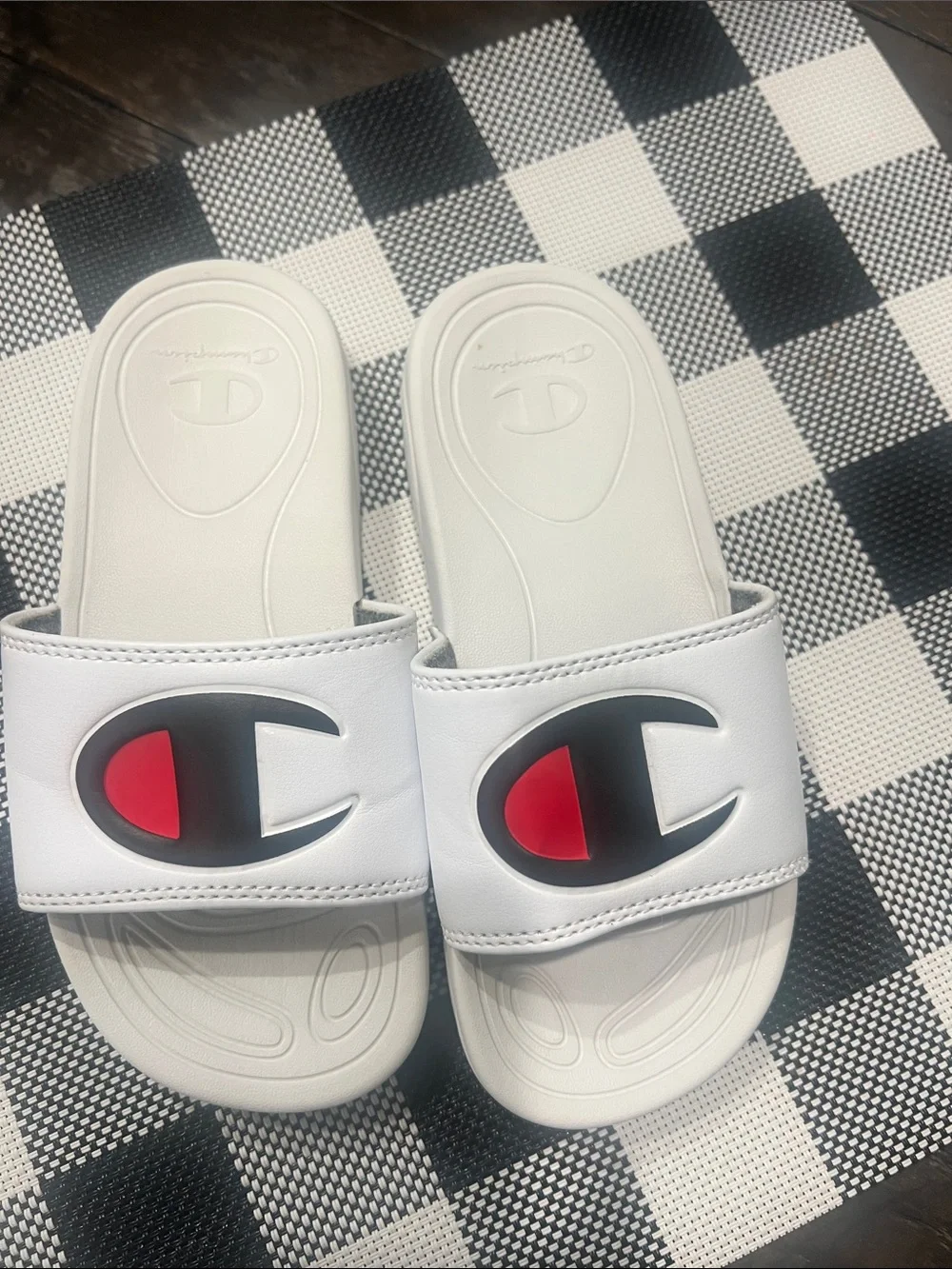 Champion White Kids Slide Sandals with Black & Red Logo